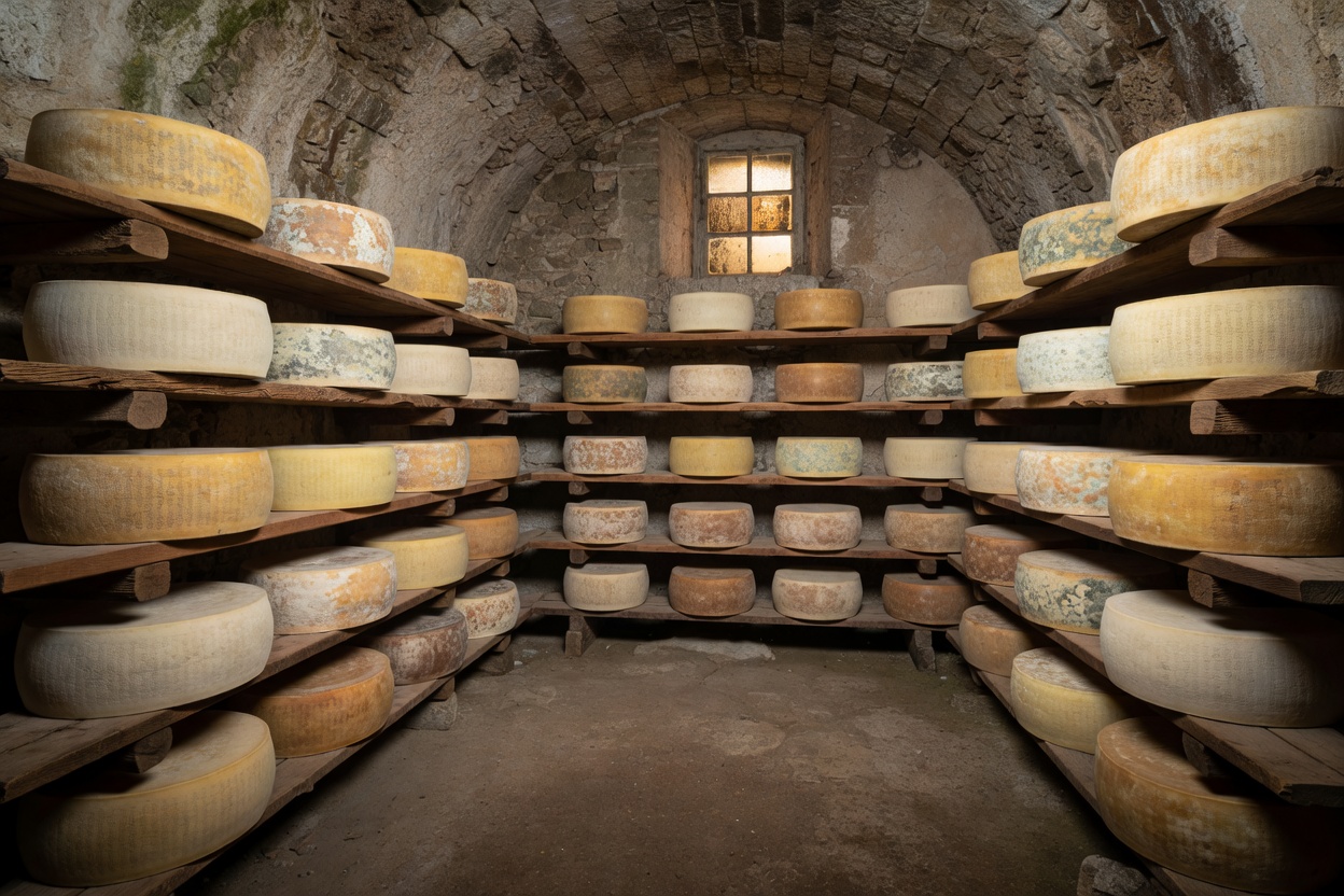 Aging wheels of Pecorino di Pienza cheese in an Italian stone cellar