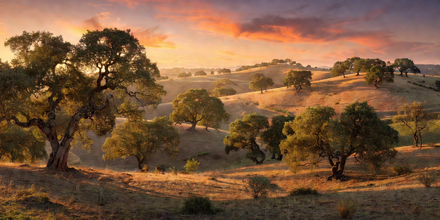 Alentejo rolling landscape with scattered cork oak trees under sunset