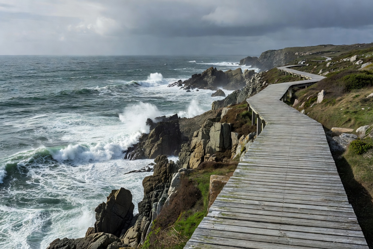 Coastal boardwalk along the rugged Atlantic shore of Northern Portugal