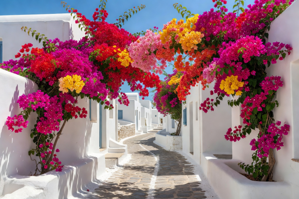 Greek whitewashed lane with vibrant bougainvillea flowers