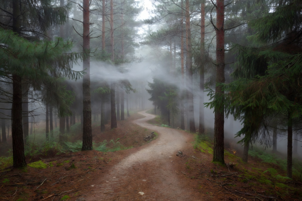 Misty walking trail winding through a pine forest in Central Europe