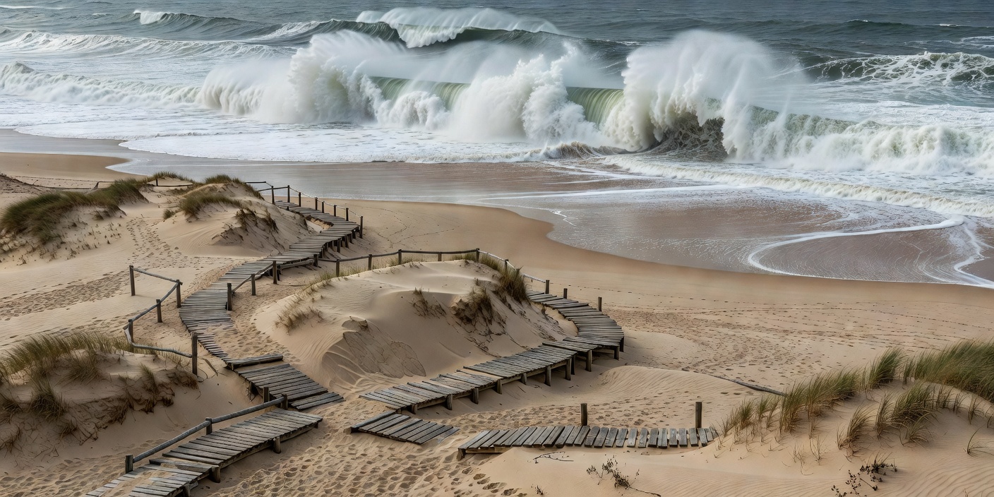 Northern Portuguese coastline with dunes, wooden footpaths and roaring ocean surf