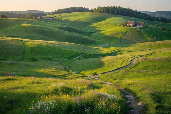 Rolling hills of green meadows in the European countryside