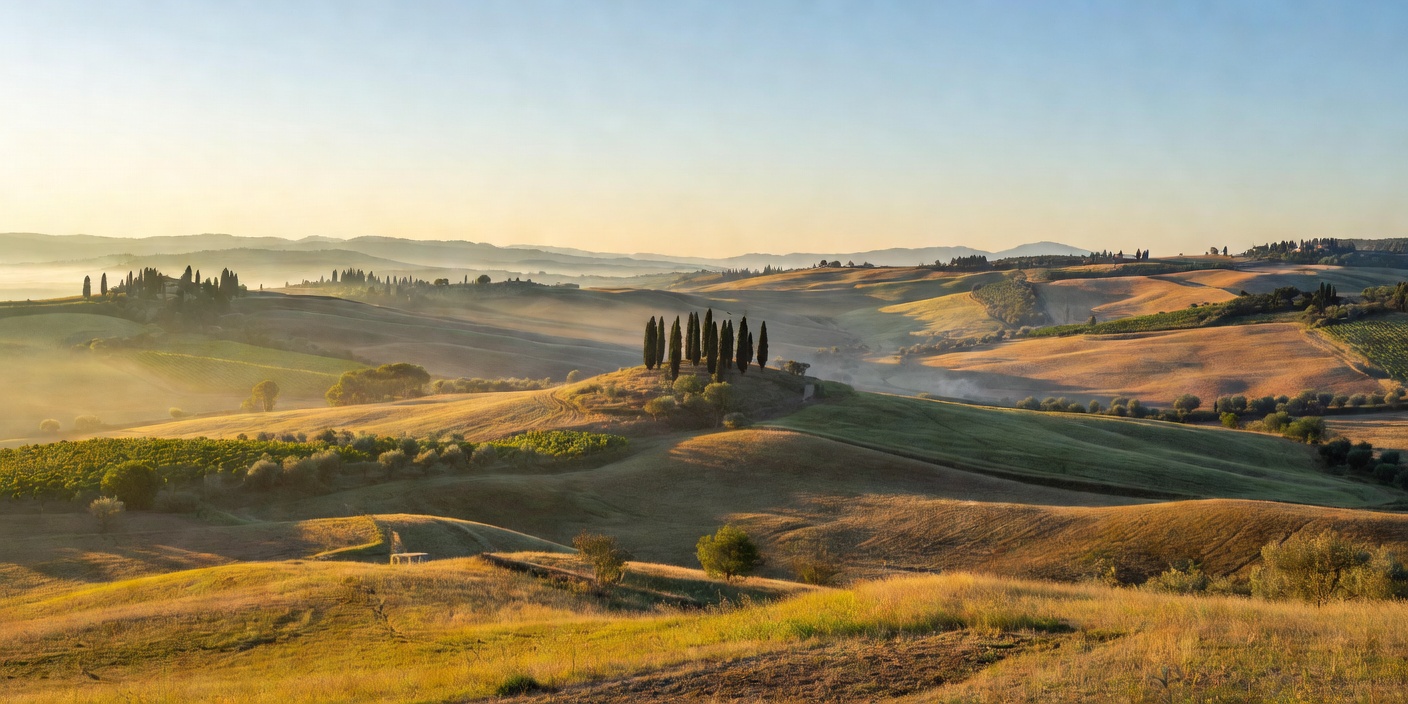 Scenic medieval village perched in the Tuscan countryside with cypress trees and stone farmsteads